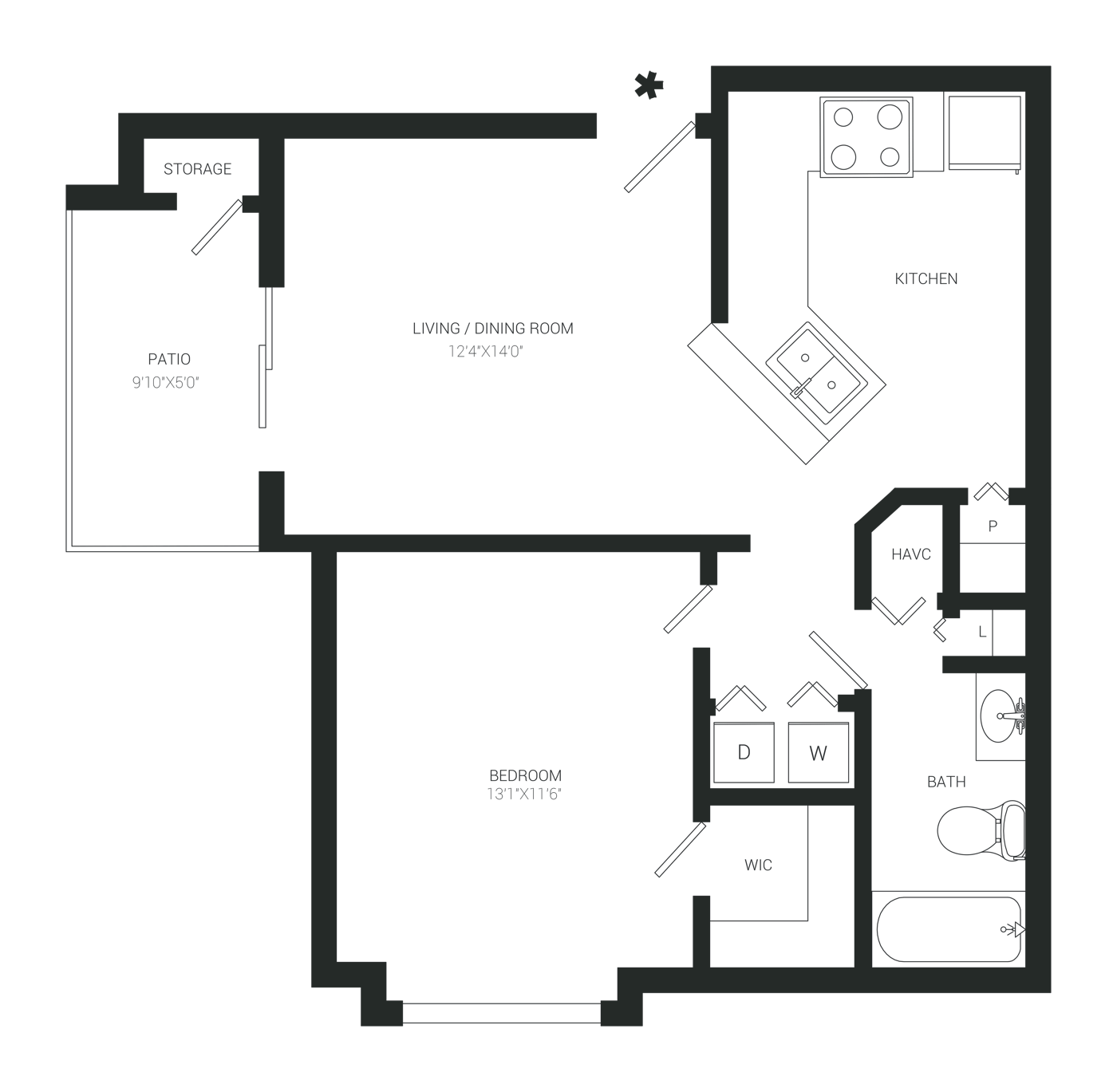 A1 floor plan diagram: one bedroom, one bath, open living and dining room, kitchen, patio with storage, 660 square feet