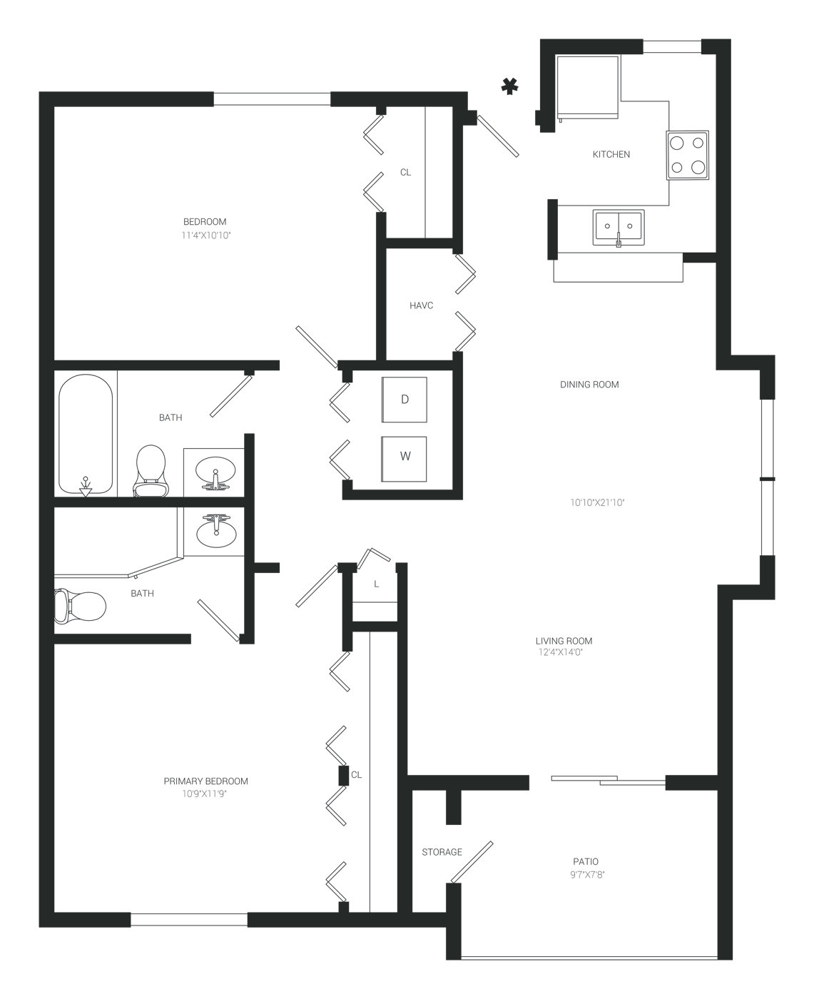 B1 floor plan diagram: two bedrooms, two baths, kitchen, dining room, living room, patio with storage, 880 square feet